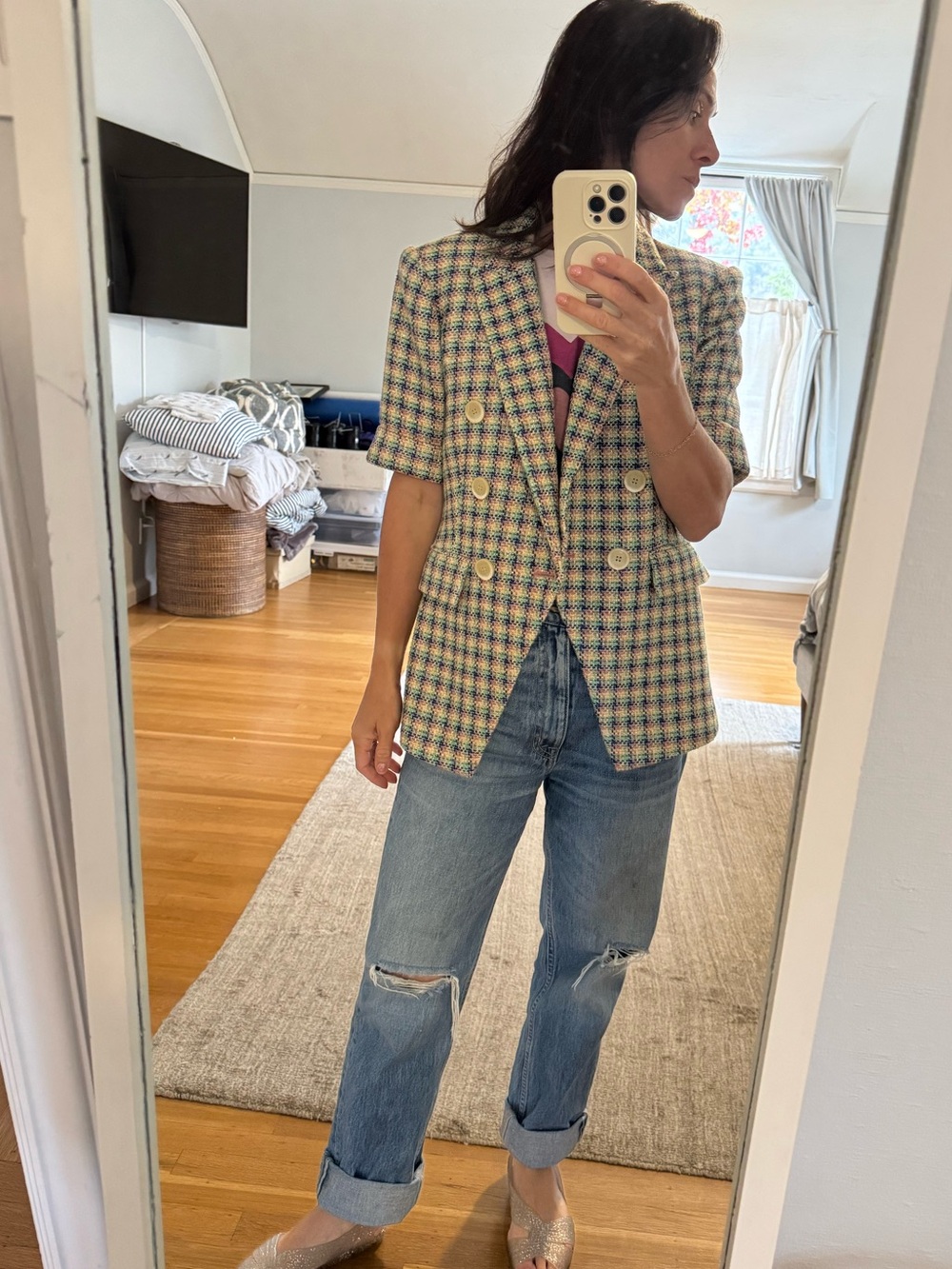 Veronica Beard Multi-Check Short-Sleeve Double-Breasted Blazer with Shimmer